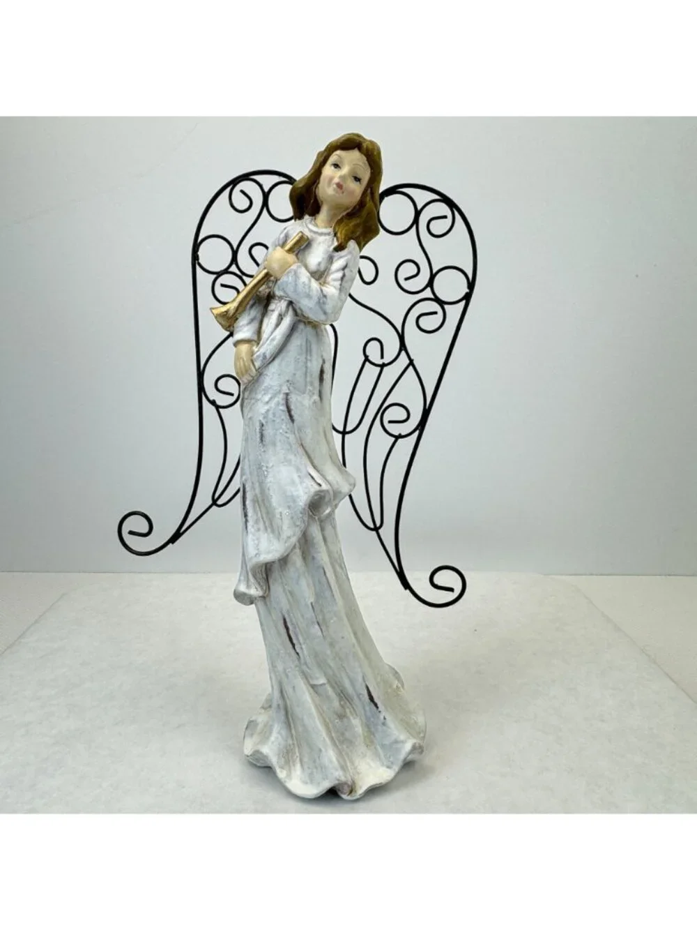 Vintage Rustic White Christmas Angel Figurine With Metal Wings Gold Trumpet 11" - Picture 7 of 10
